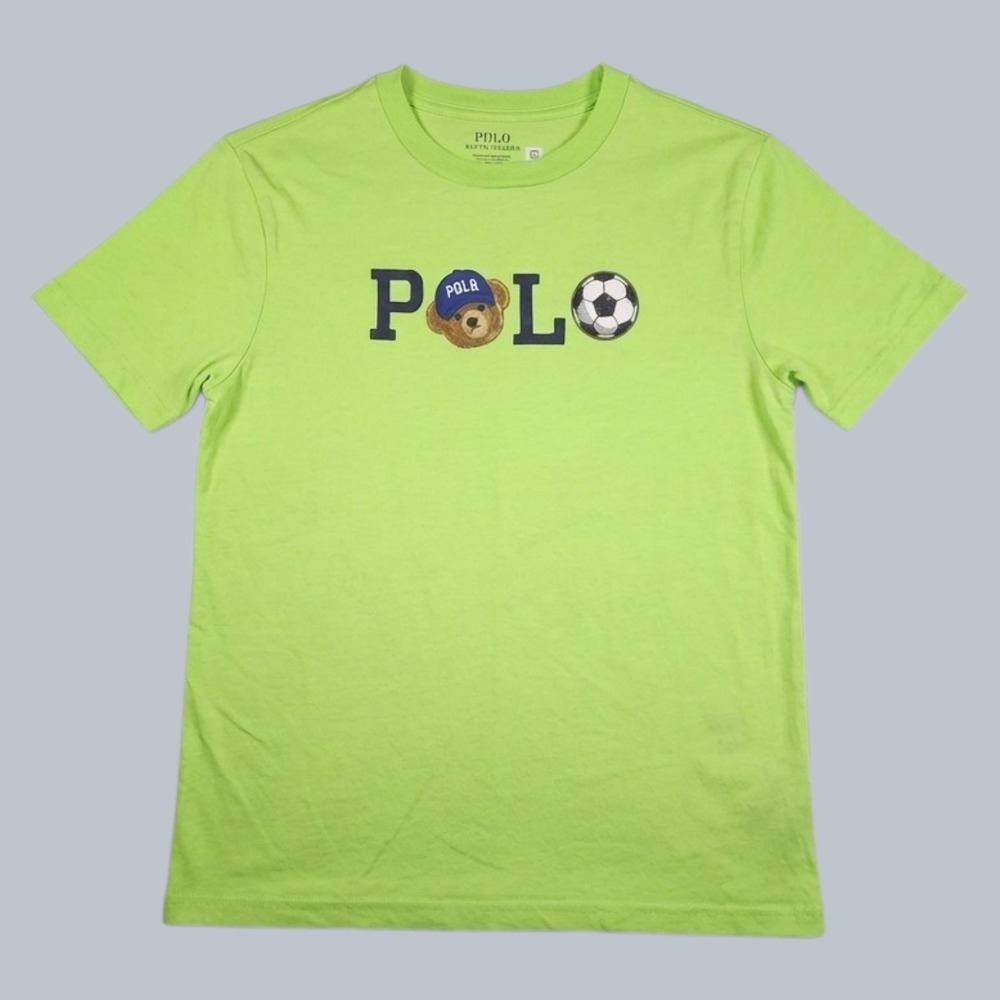 Polo Ralph Lauren Boys M 10-12 Lime Green Soccer Polo Bear Logo Graphic T Shirt